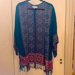 Time for Me viscose kimono/ cardigan teal blue with hot pink size XL